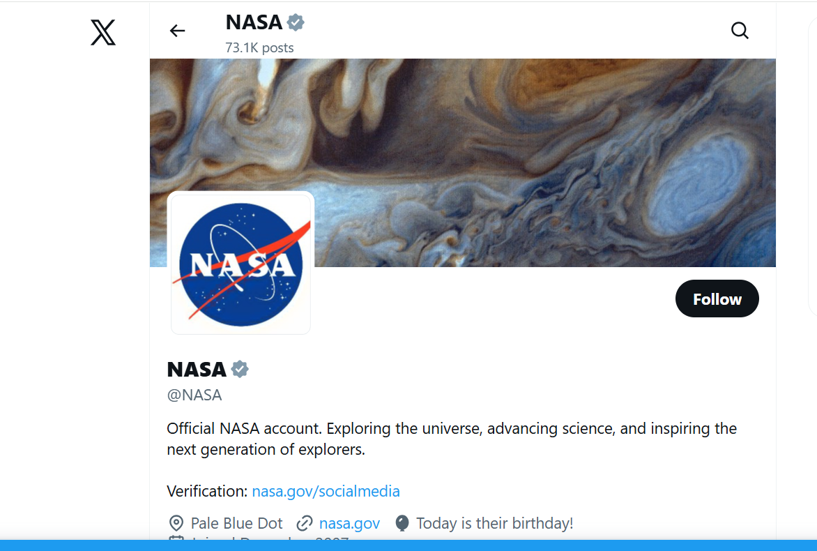 NASA official Twitter profile sharing space exploration news and discoveries.