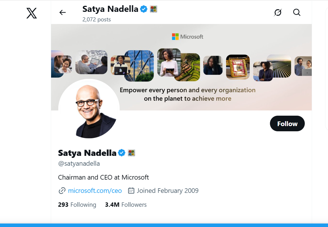Satya Nadella Twitter profile with technology and leadership insights.