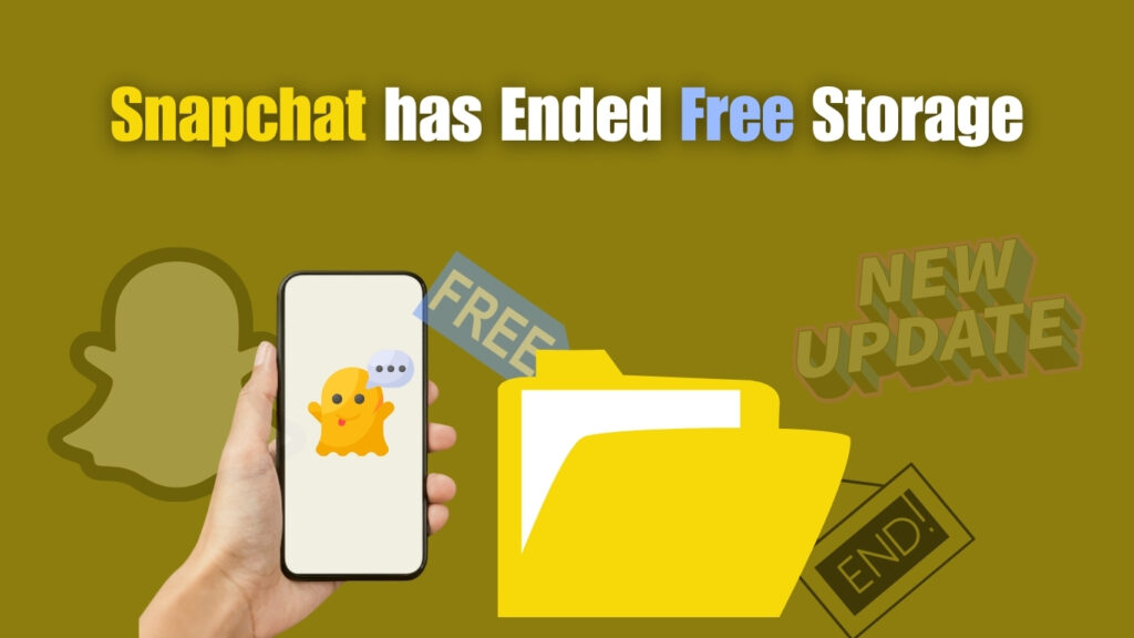 Snapchat ends free storage update showing phone with ghost icon, yellow folder, and new update notice