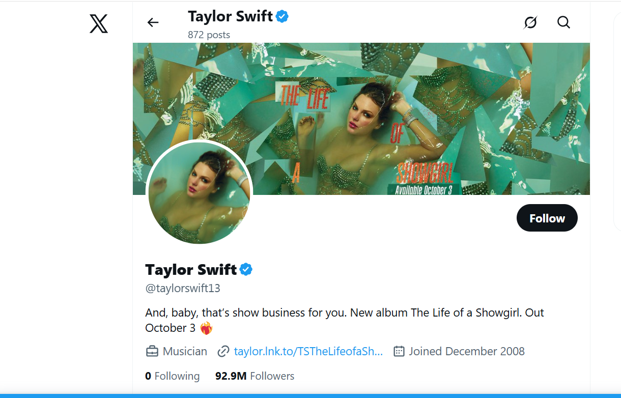 Taylor Swift Twitter profile with music updates and fan engagement.