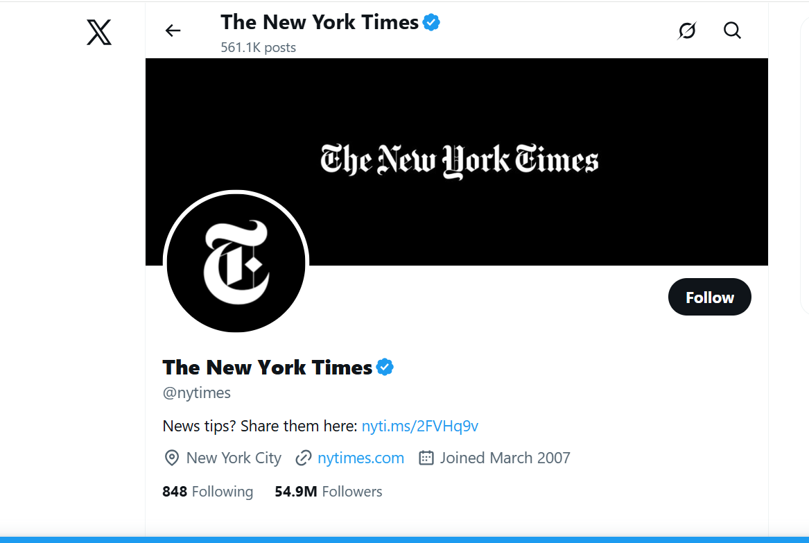 The New York Times Twitter account featuring breaking news and articles.