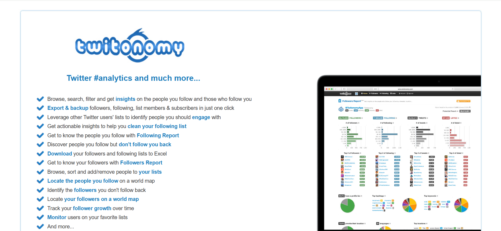 Twitonomy dashboard with detailed Twitter analytics, follower statistics, and engagement insights.