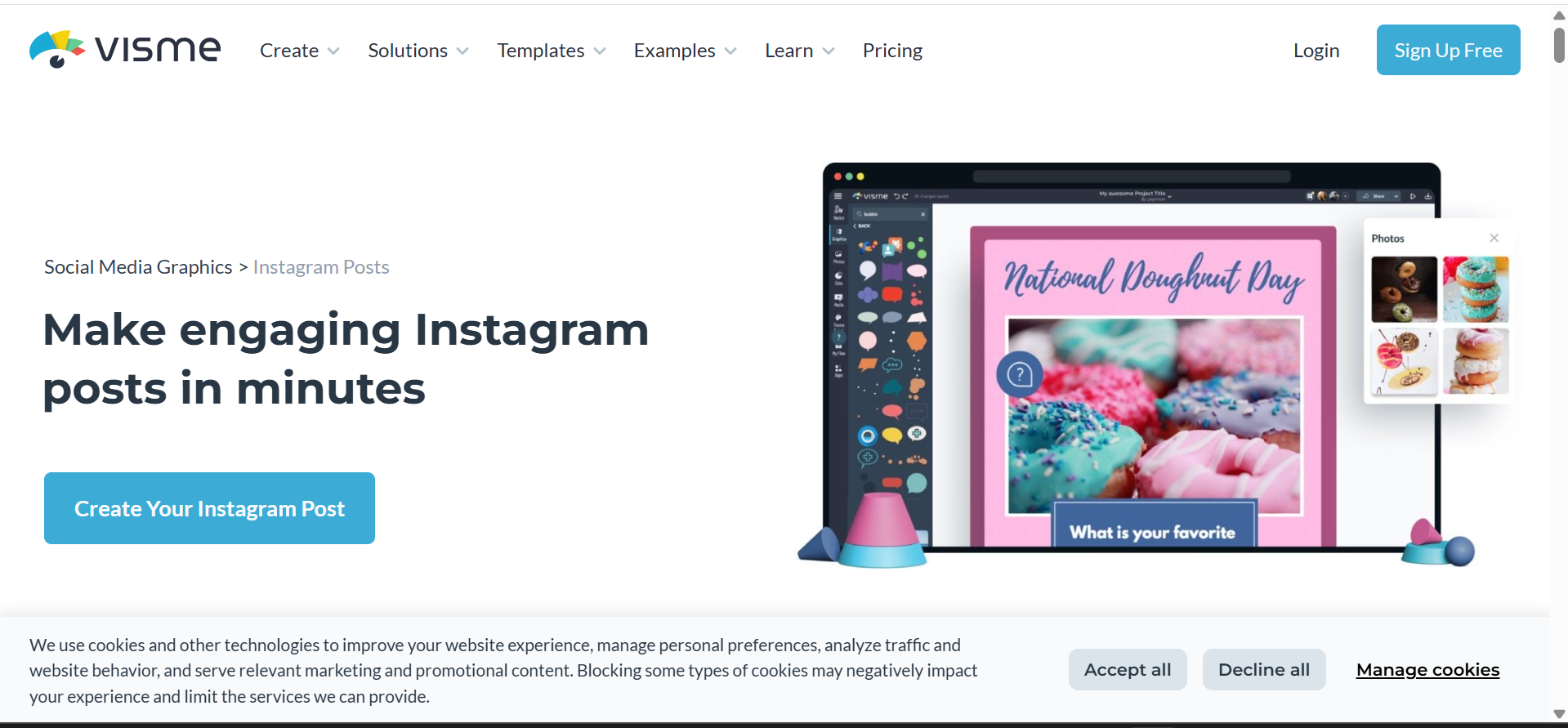 Visme Instagram post maker with editable graphics and template options.